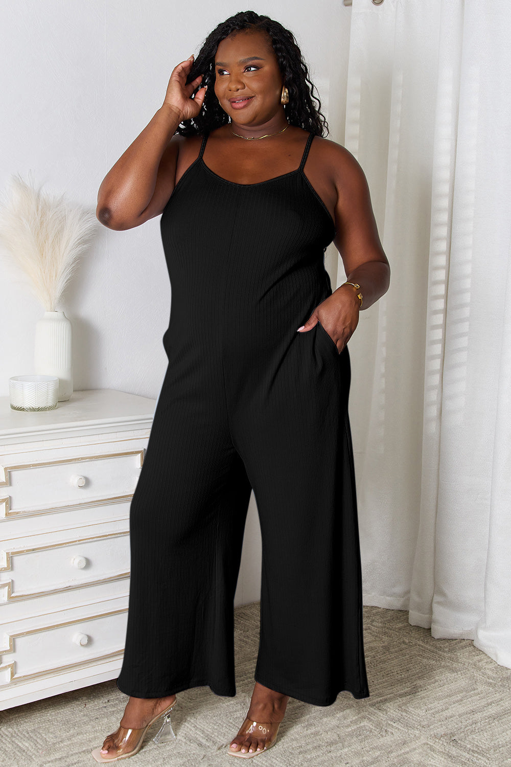 Plus Size Spaghetti Strap V-Neck Jumpsuit in Chocolate for Women