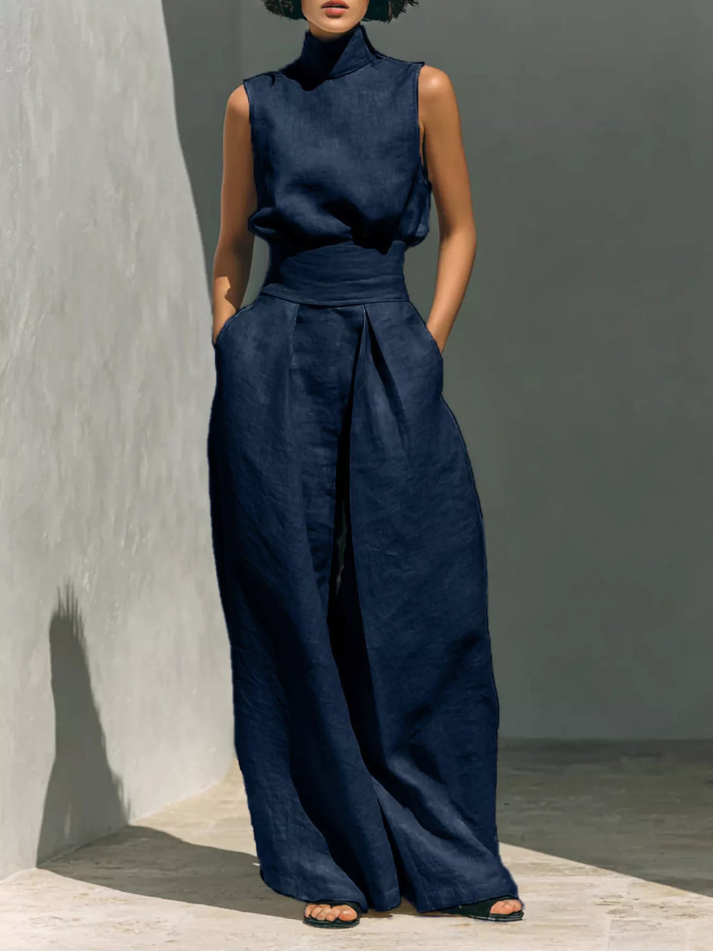 Turtleneck Sleeveless Top and Wide Leg Pants Set in Army Green for Women