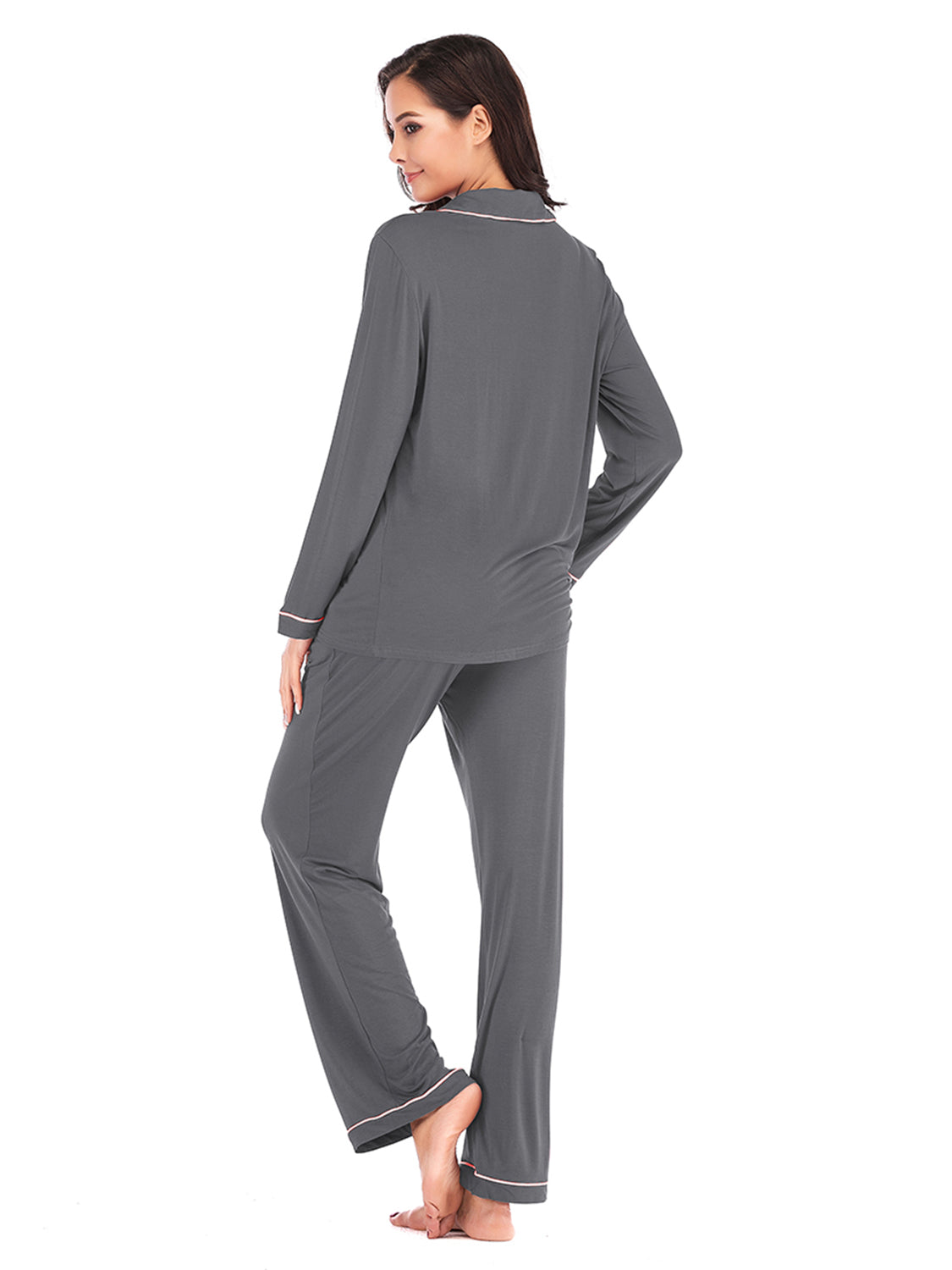 Collared Neck Long Sleeve Loungewear Set with Pockets in Black for Women