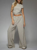 Striped Crop Top and Wide Leg Pants Set in Off-White for Women