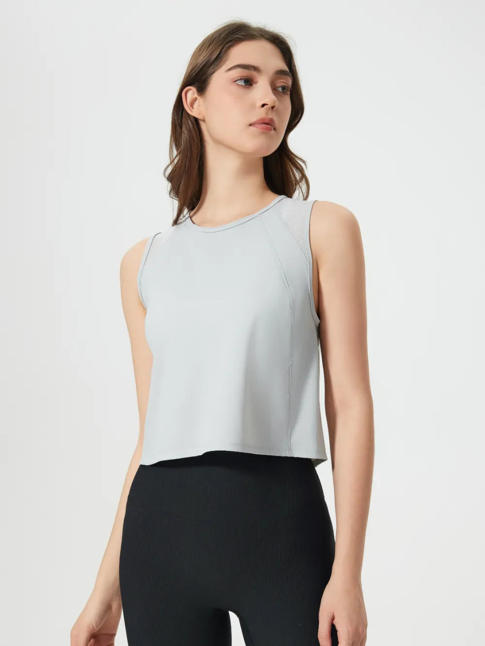 Round Neck Cropped Active Tank in Light Gray for Women