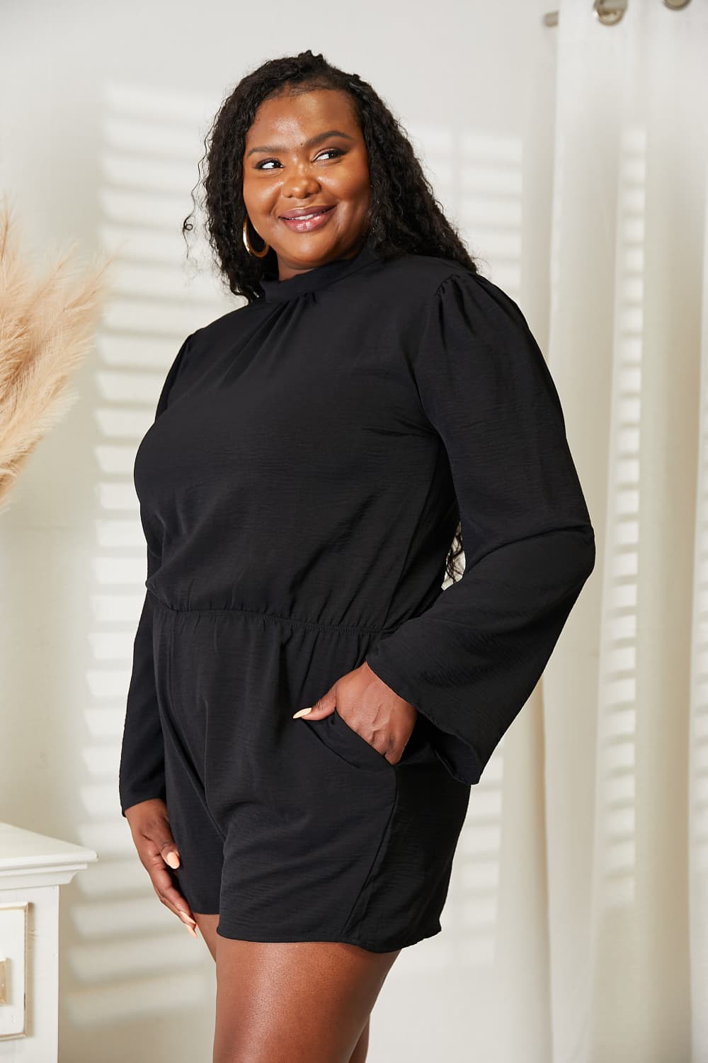 Plus Size Open Back Romper with Pockets in Black for Women
