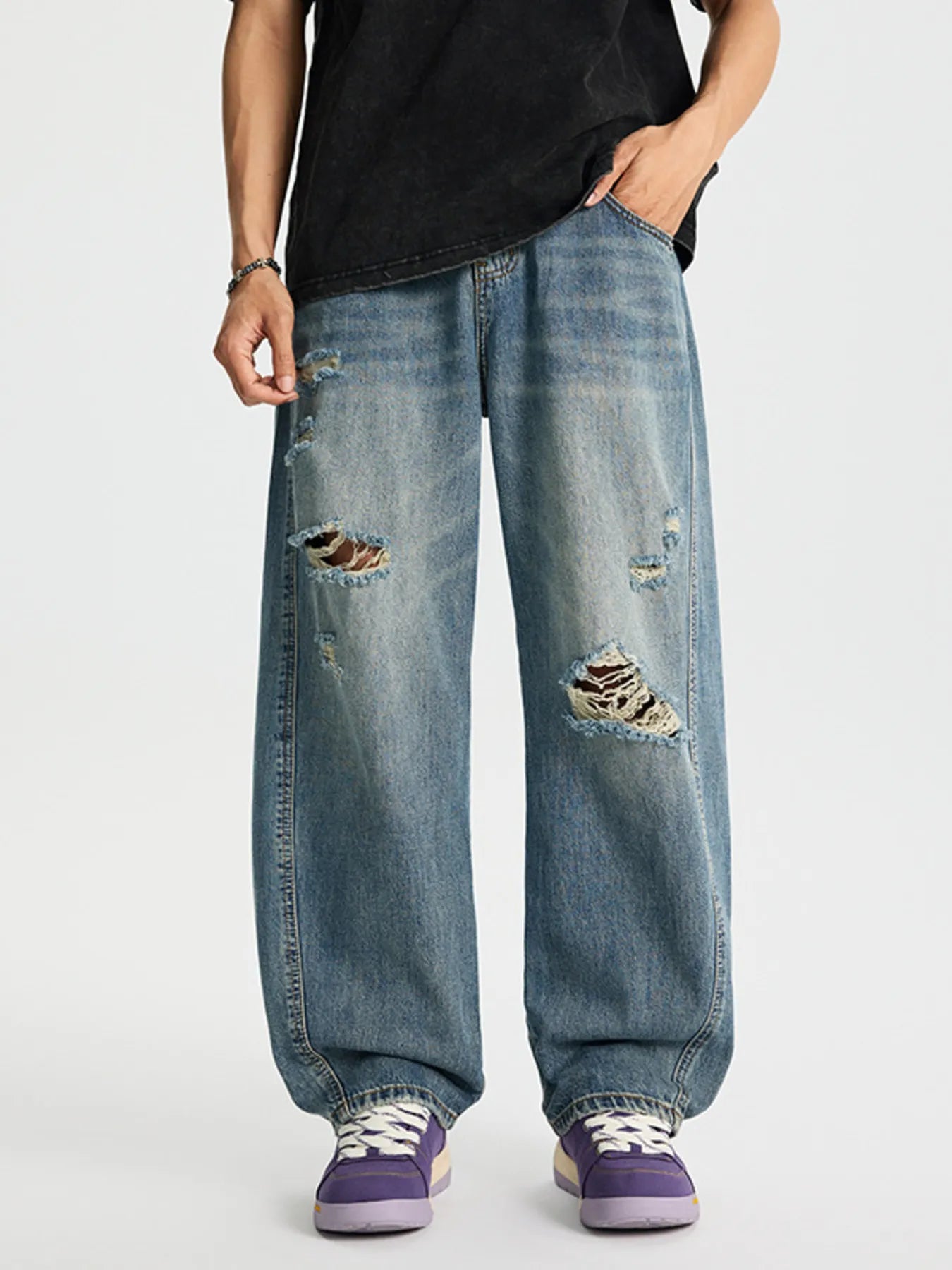 Distressed Relaxed Fit Baggy Jeans Plus Size in Blue for Men