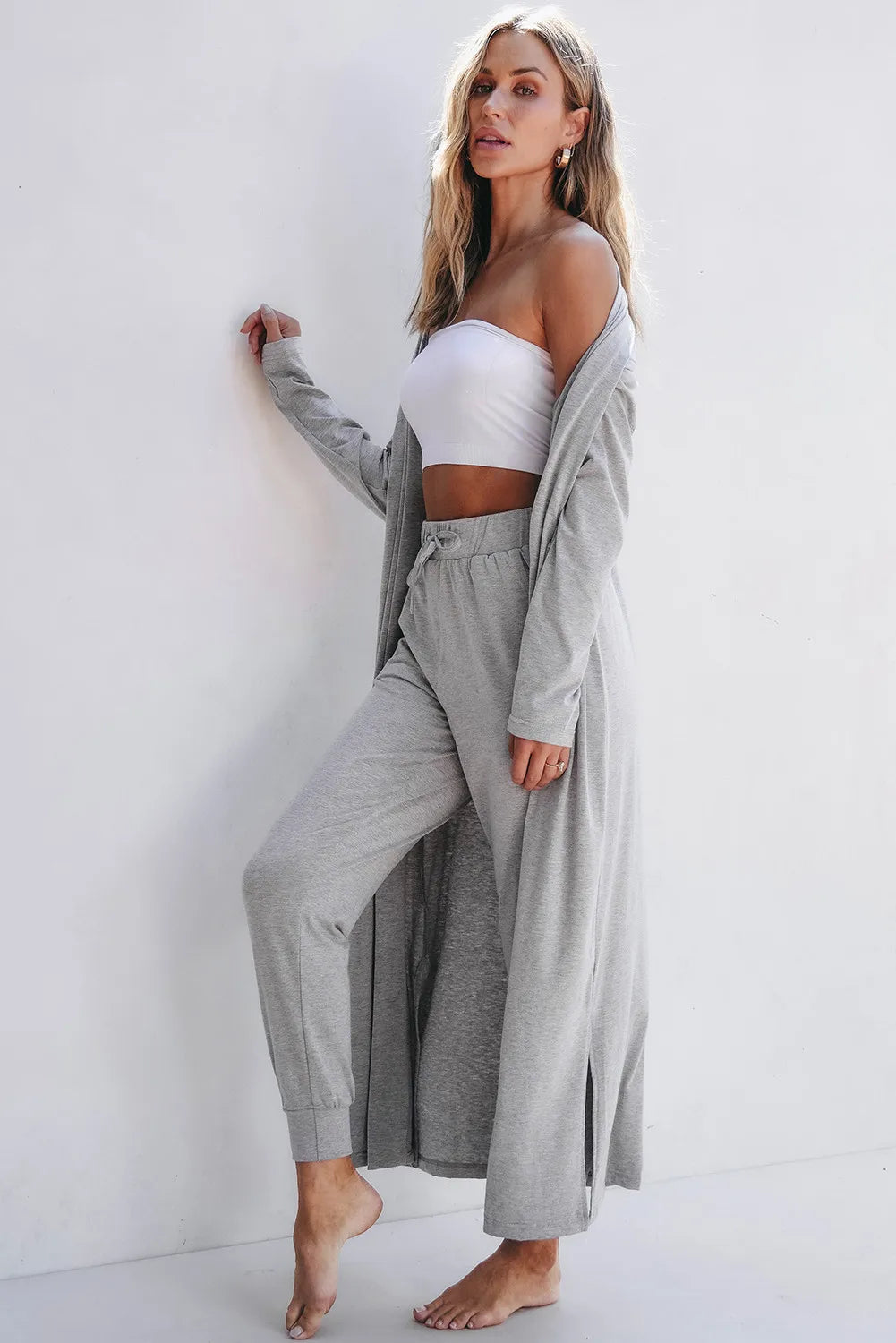 Open Front Long Sleeve Cardigan and Pants Lounge Set in Gray for Women