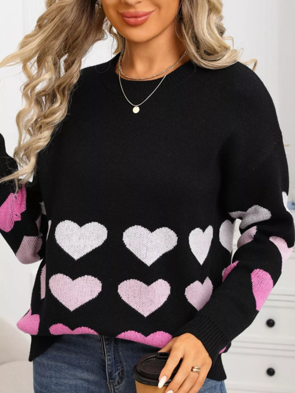 Valentines Day Heart Pattern Crew Neck Sweater for Women