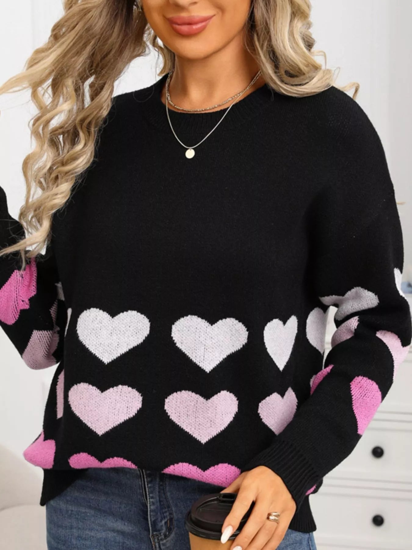 Valentines Day Heart Pattern Crew Neck Sweater for Women