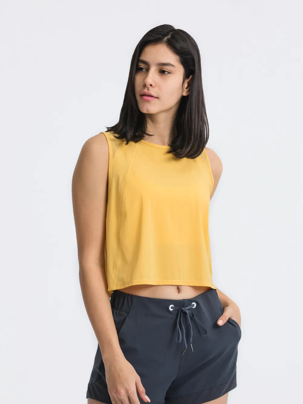 Round Neck Cropped Active Tank in Air Force Blue for Women