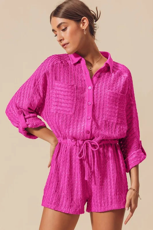 Textured Knit Button Front Romper in Fuchsia for Women
