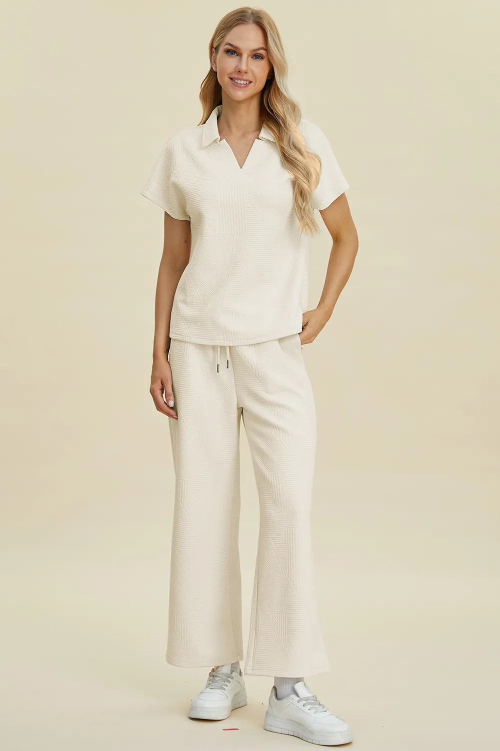 Plus Size Collared Neck Short Sleeve Top and Pants Set in Cream for Women