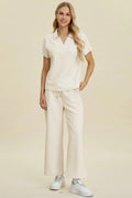 Plus Size Collared Neck Short Sleeve Top and Pants Set in Cream for Women