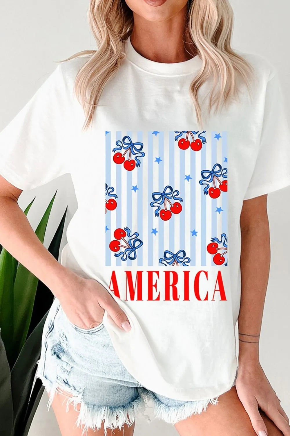 Bow Cherry America Graphic Crewneck Patriotic T-Shirt for Women