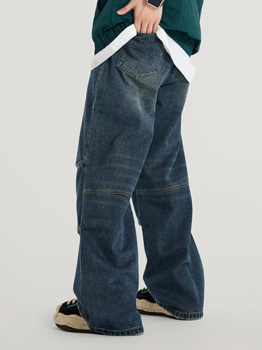 Vintage Wide Leg Utility Jeans with Multi-Panel Design in Cheese Yellow for Men