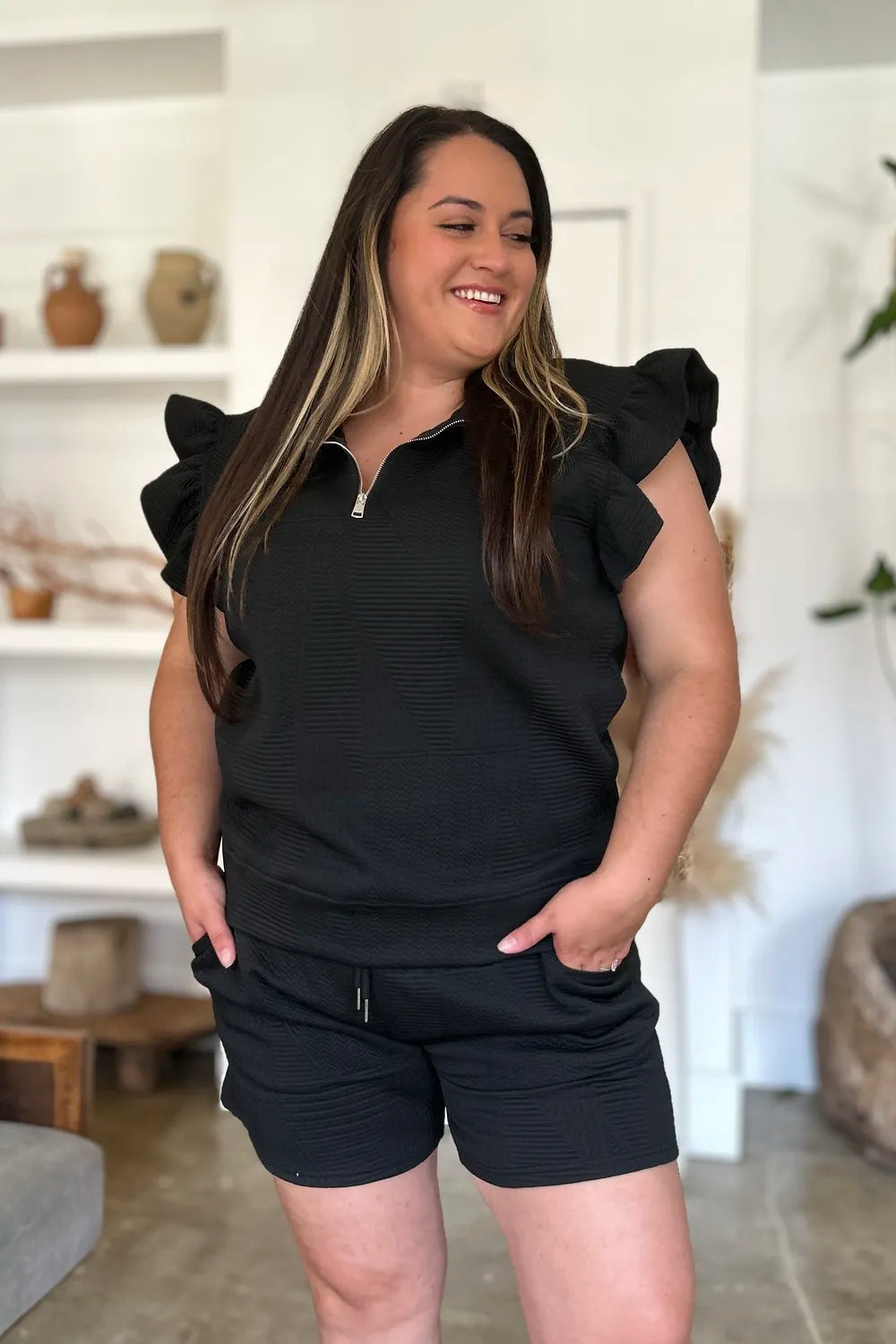 Plus Size Texture Flounce Sleeve Top and Shorts Set in White for Women