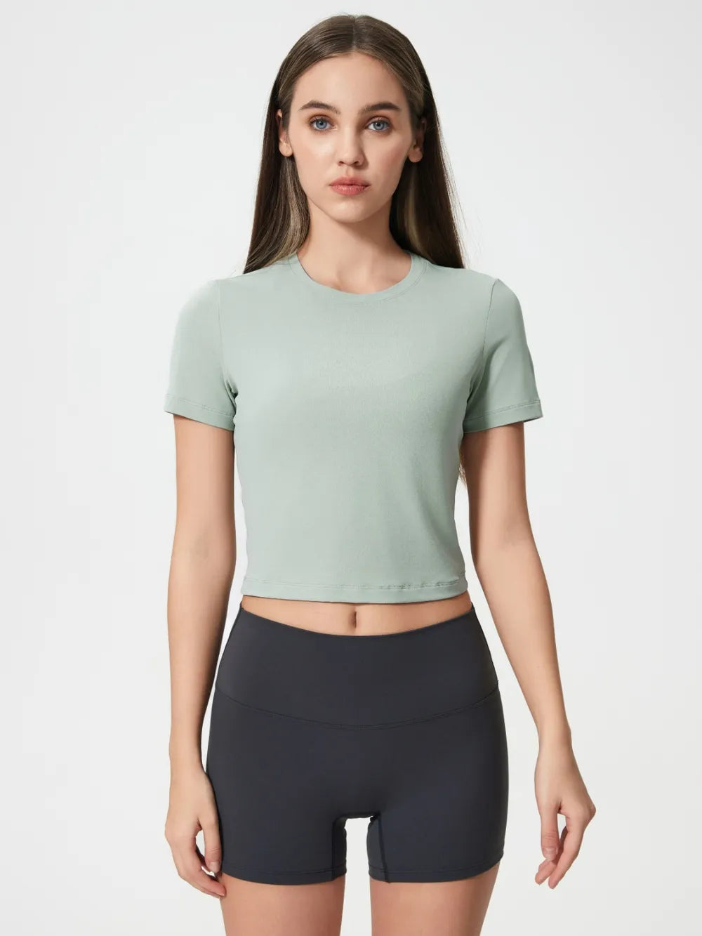 Round Neck Short Sleeve Active T-Shirt in Fuchsia Pink in Sage for Women
