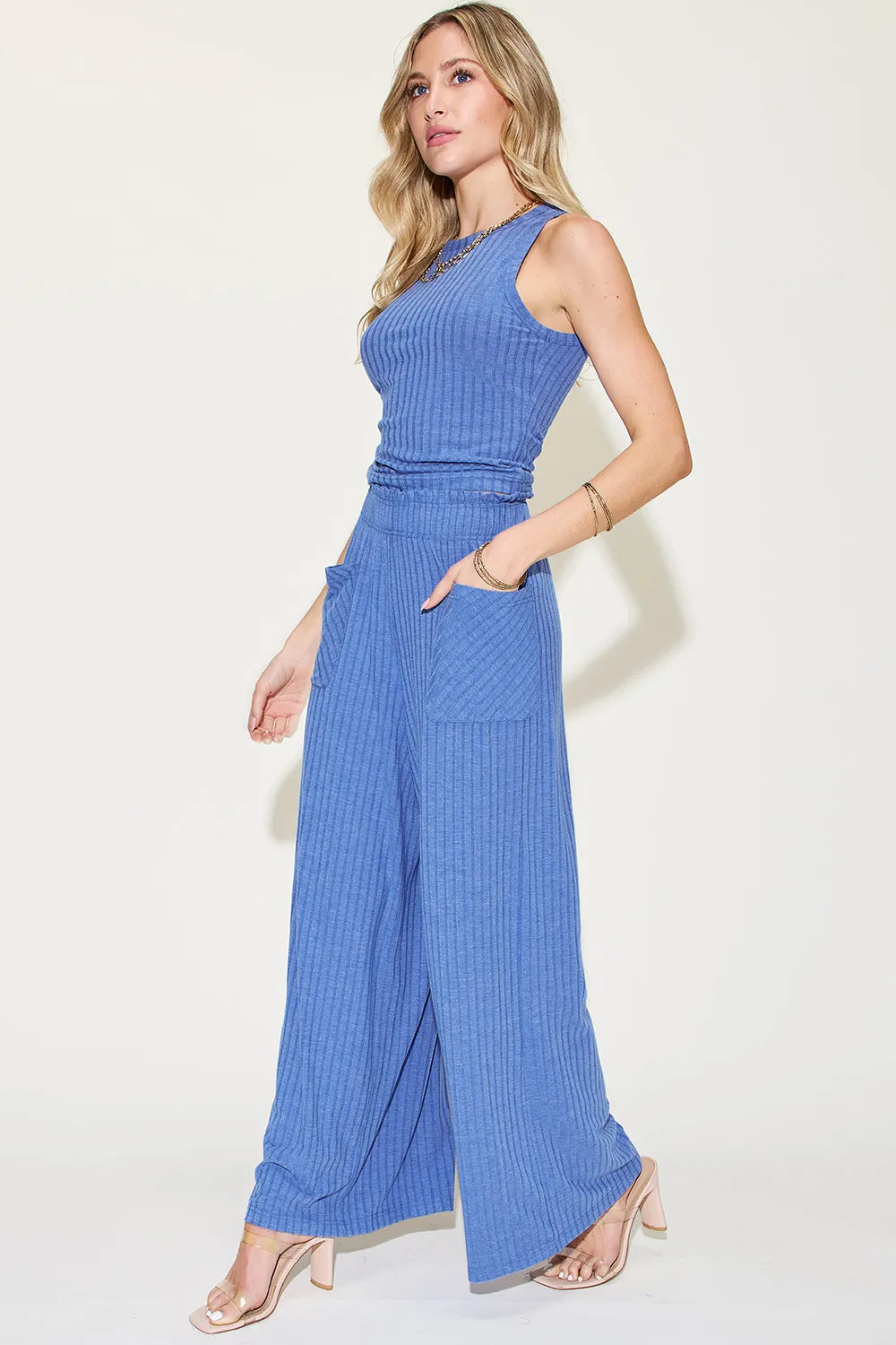Plus Size Ribbed Tank and Wide Leg Pants Set in Black for Women