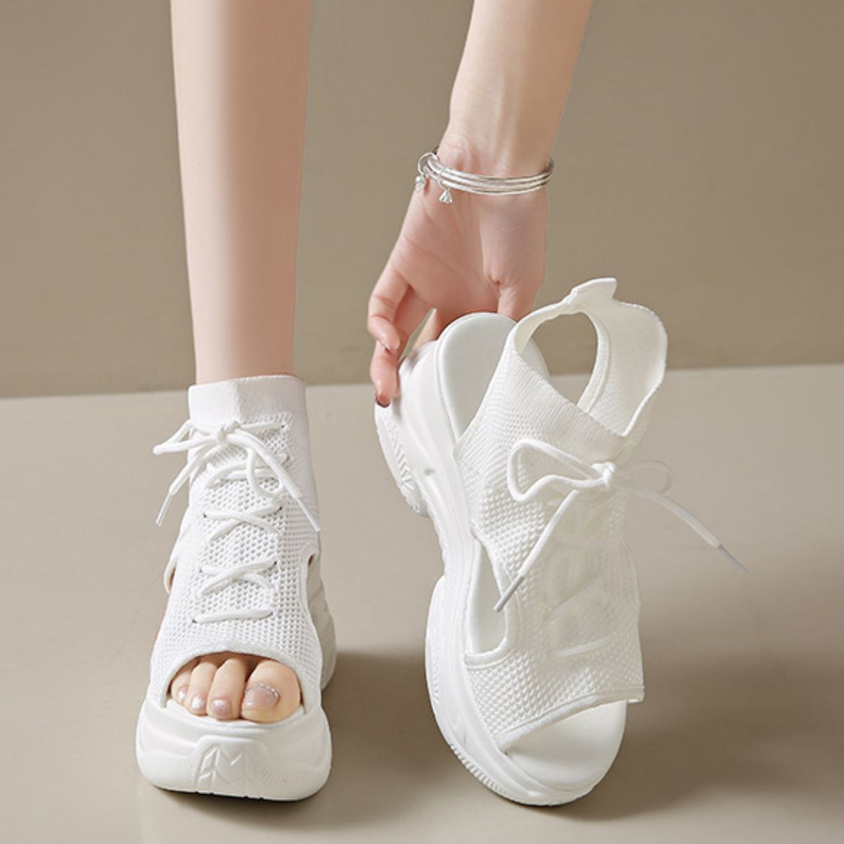 Cutout Mesh Wedge Sandals in White Lace for Women
