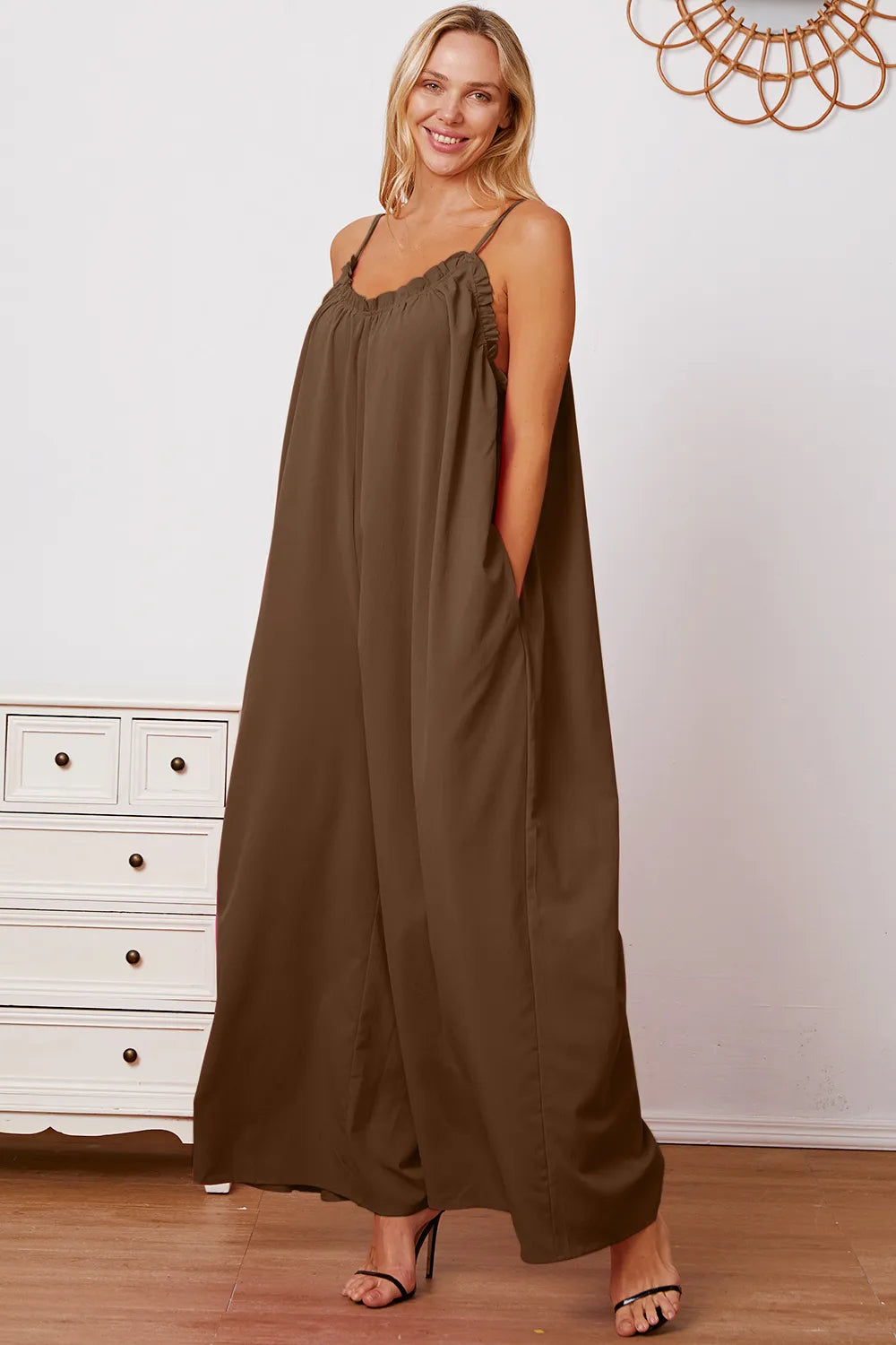 Plus Size Ruffle Trim Tie Back Cami Jumpsuit with Pockets in Mocha for Women