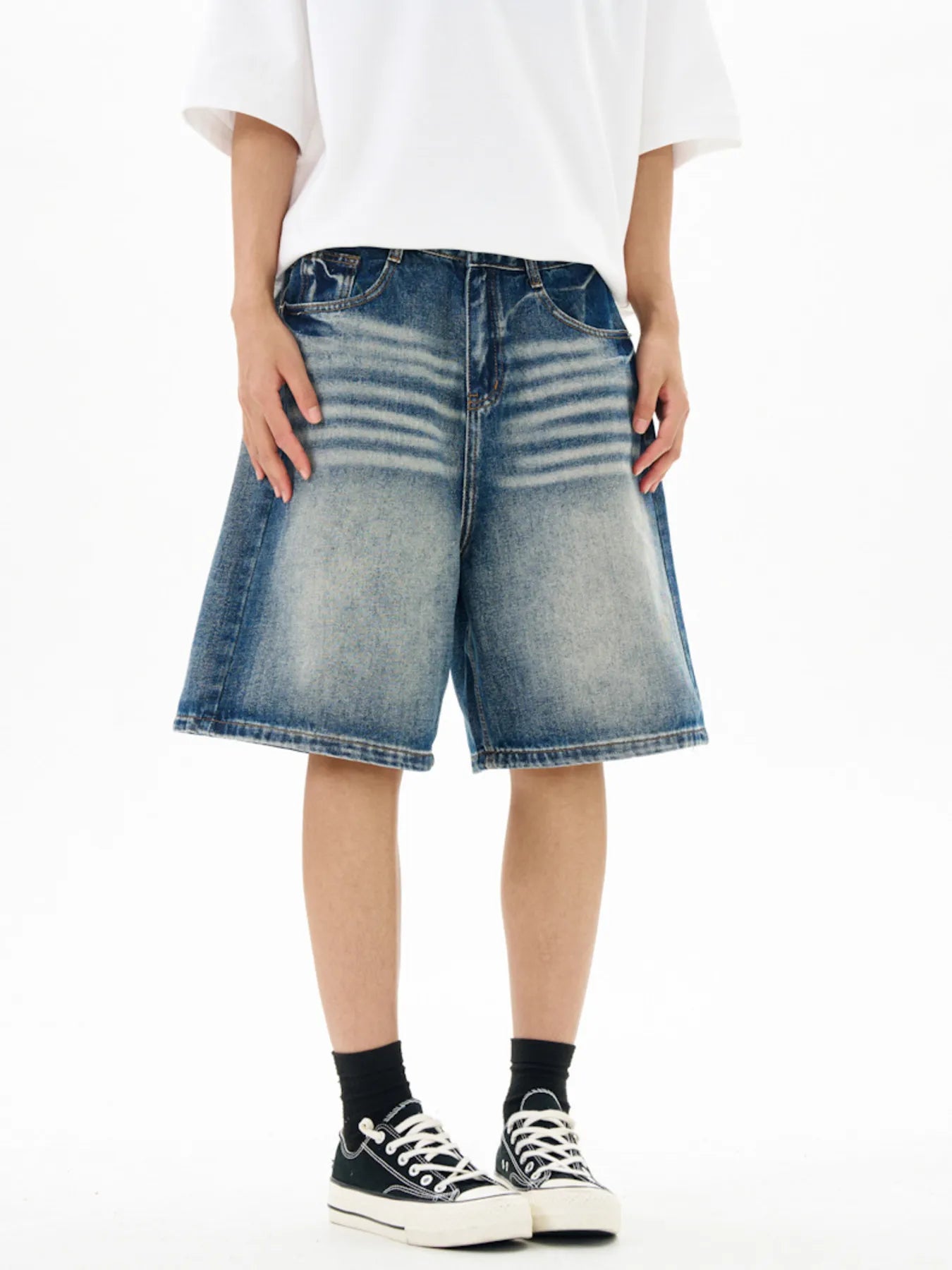 Washed Loose Fit Denim Shorts in Light Blue for Men
