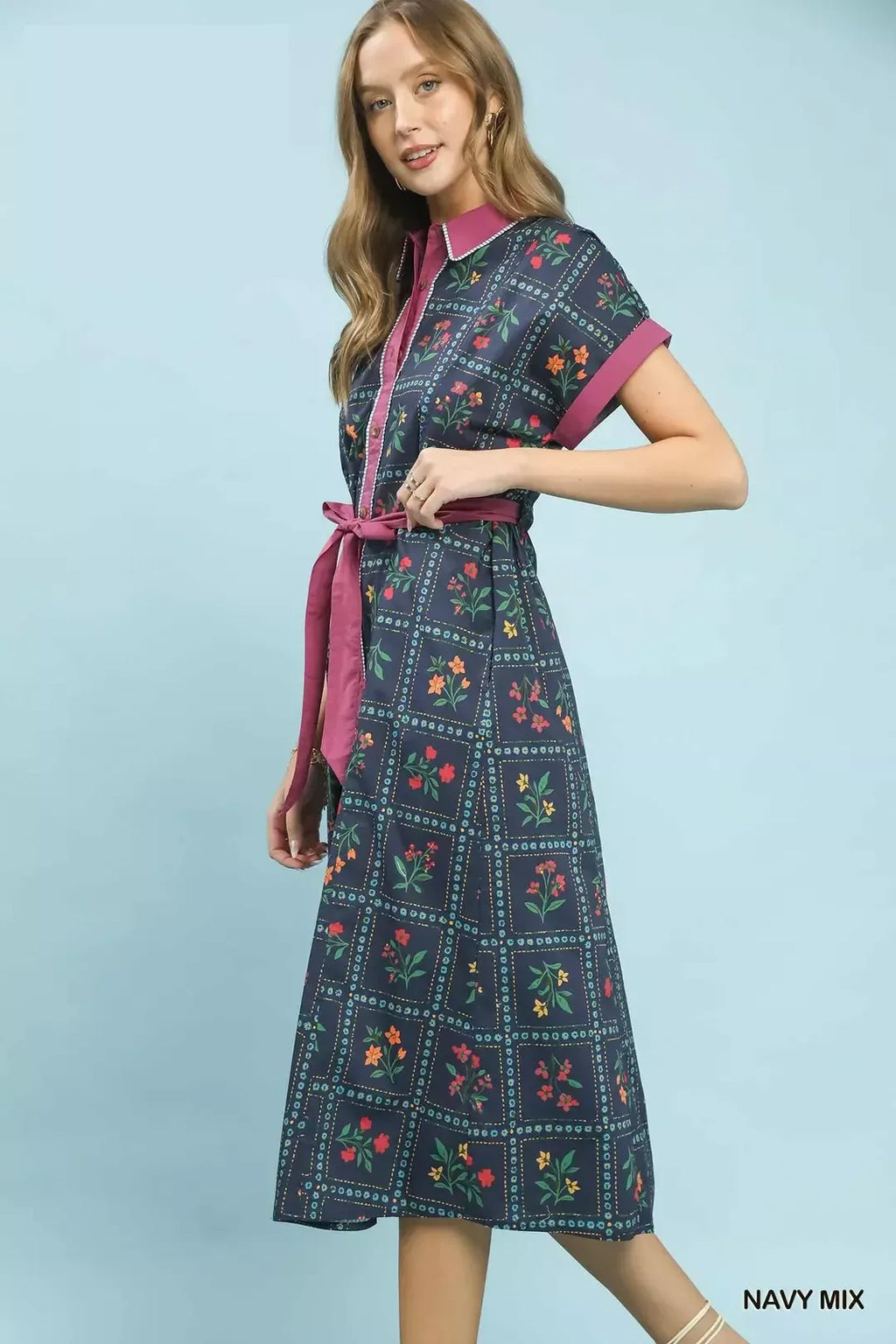 Mix Floral Button-Front Midi Dress in Navy Mix for Women