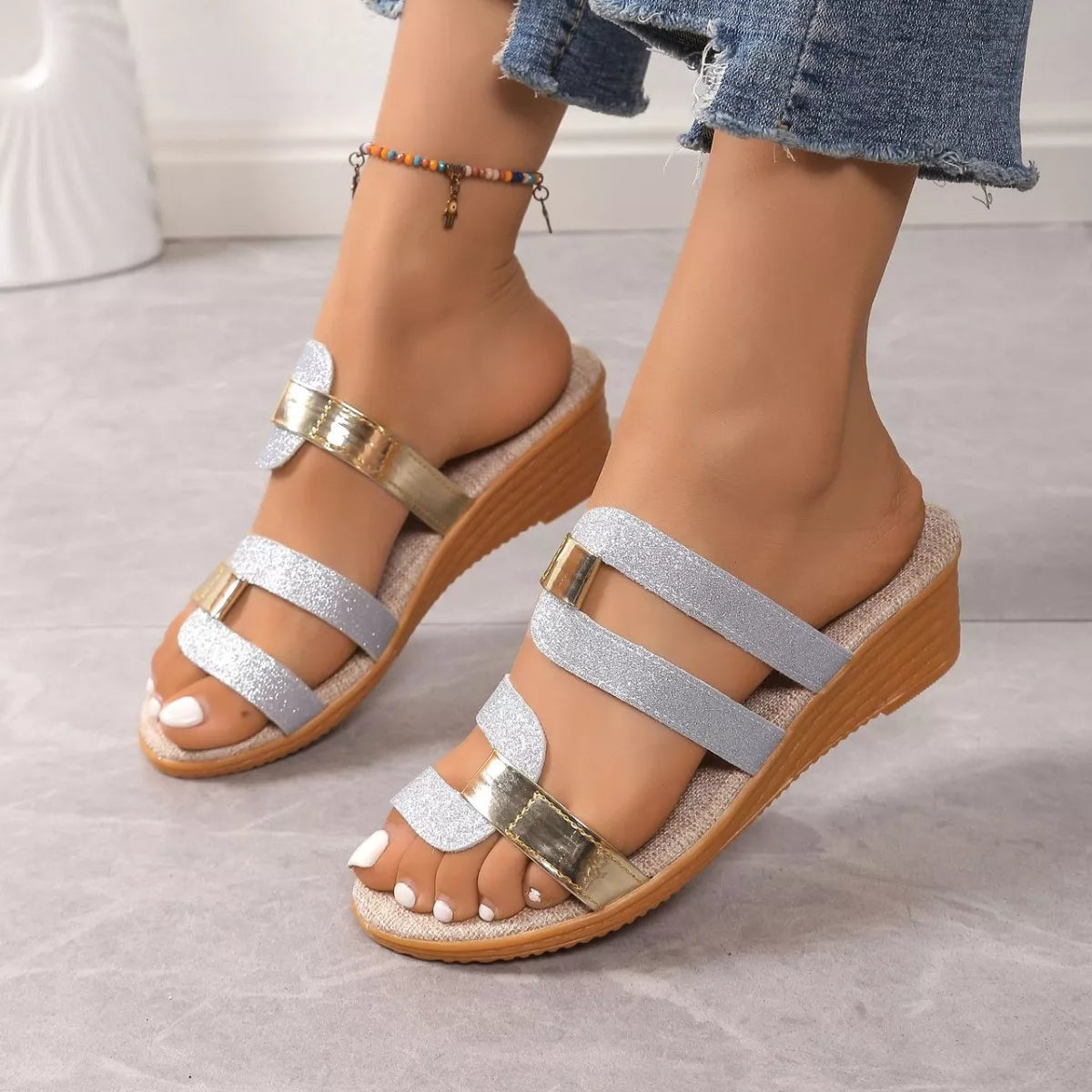 Open Toe Wedge Sandals in Black in Brown for Women
