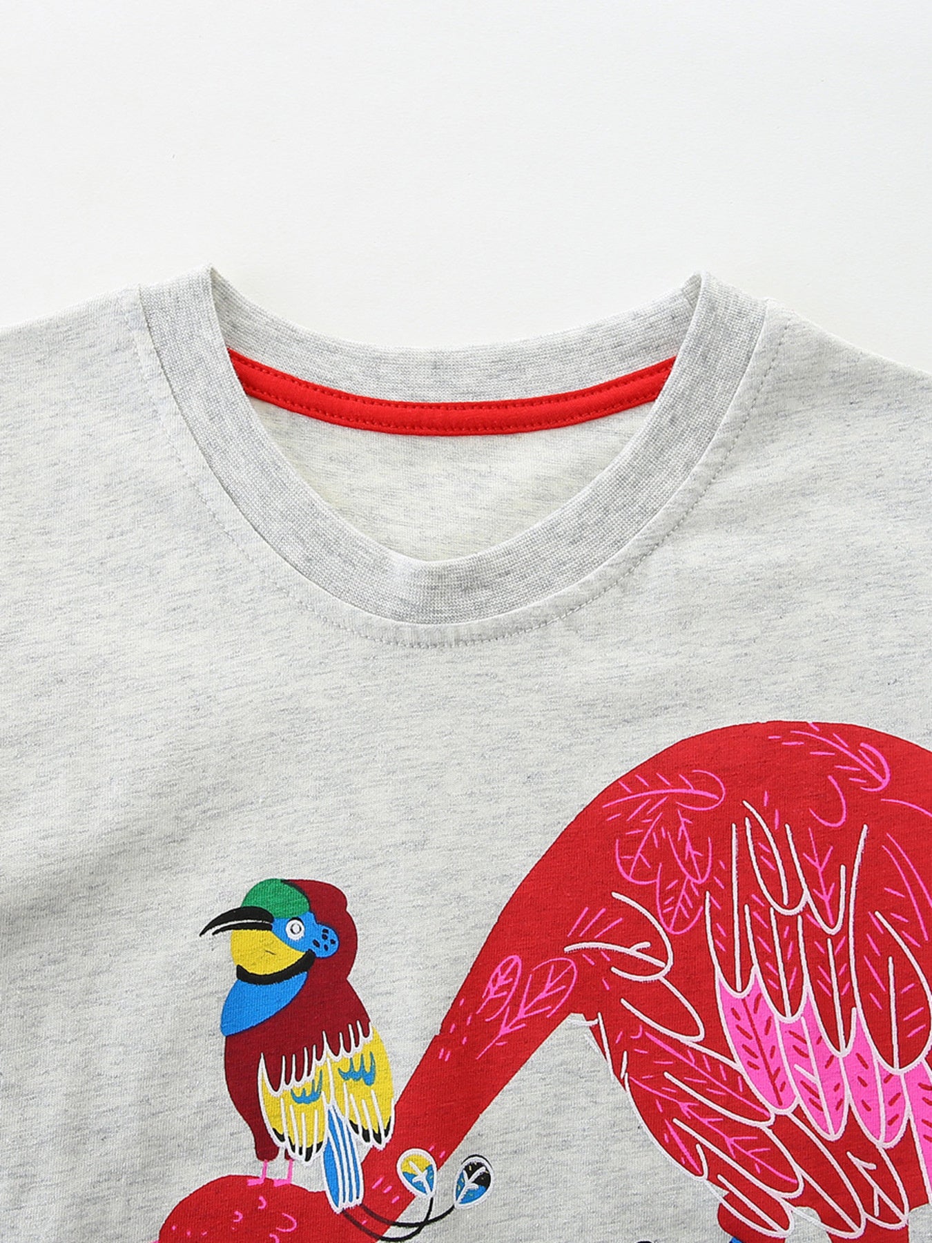 Colorful Birds Print Crew Neck T-Shirt in Light Gray for Girls