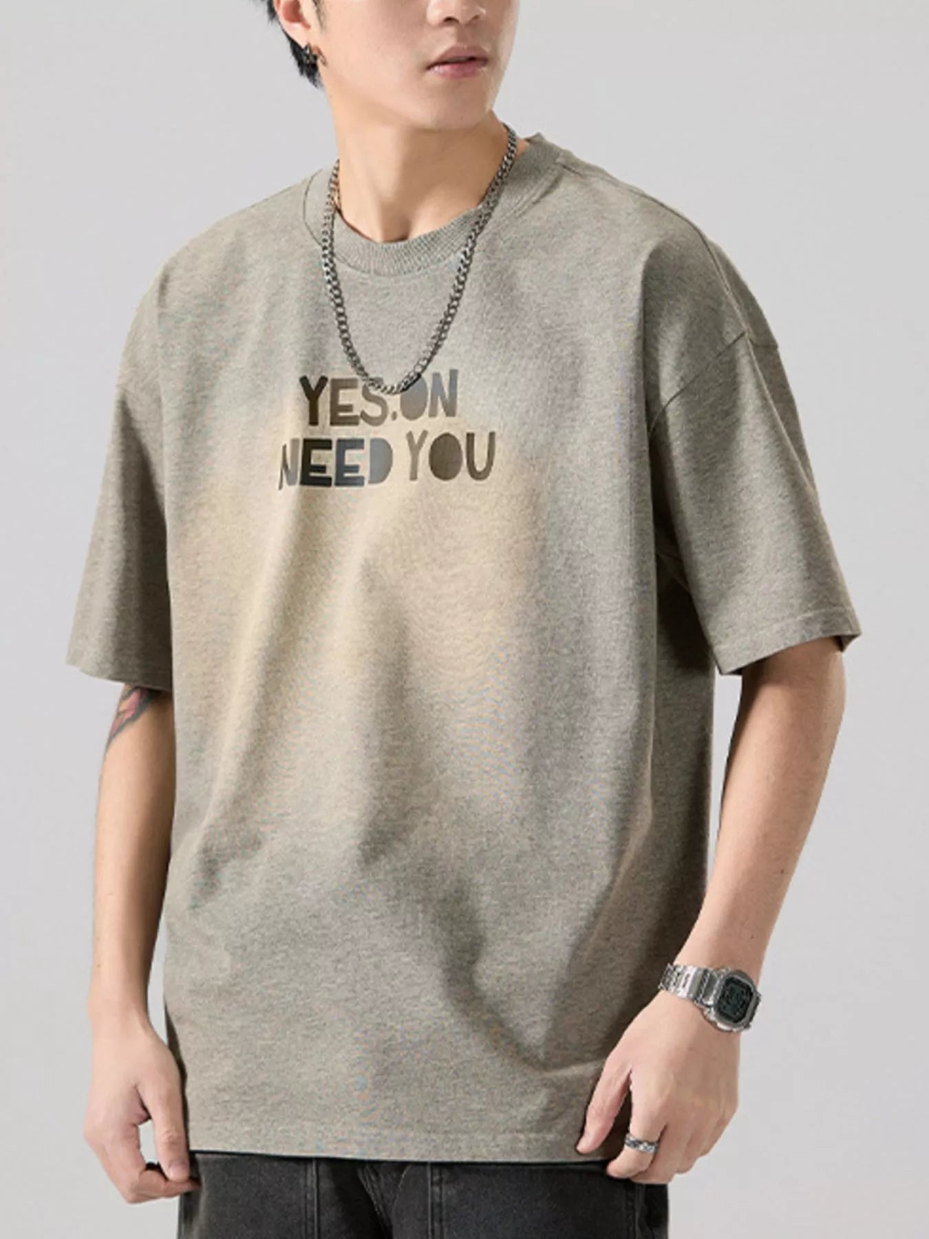 Letter Round Neck Short Sleeve T-Shirt Plus Size in Washed Gray for Men