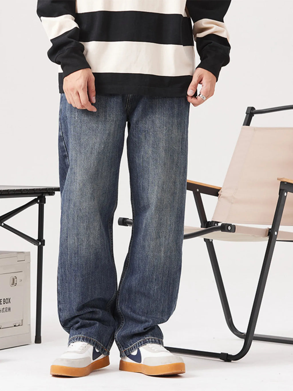 Vintage Wash Loose Fit Jeans in Dusty Blue for Men