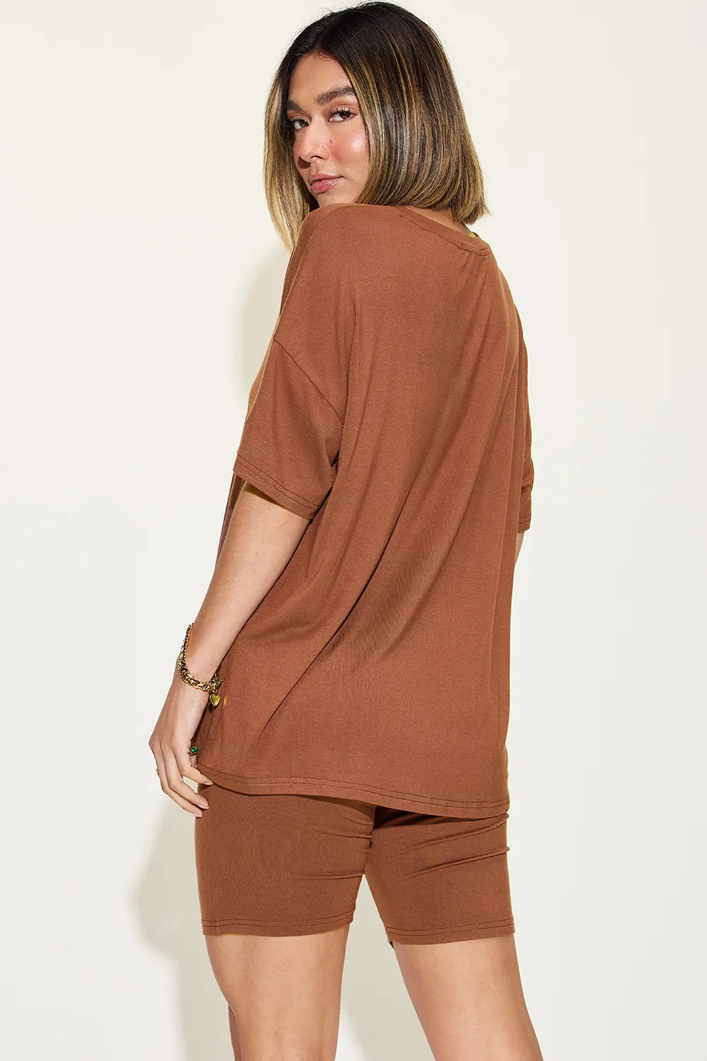 Plus Size V-Neck Drop Shoulder T-Shirt and Shorts Set in Brown for Women