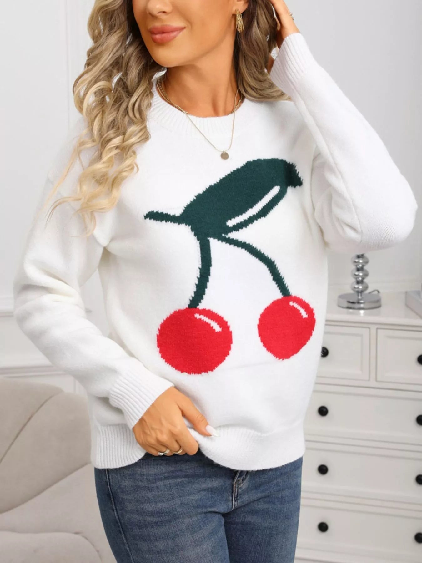 Cherry Round Neck Sweater in Gray White for Women