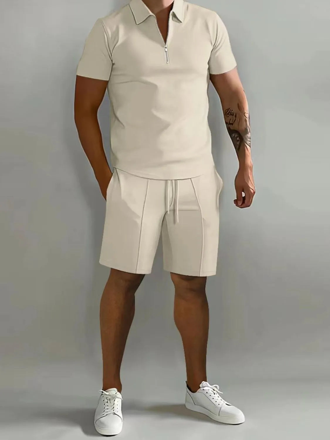 Collared Neck Short Sleeve Top and Shorts Set Plus Size in Gray in Black for Men
