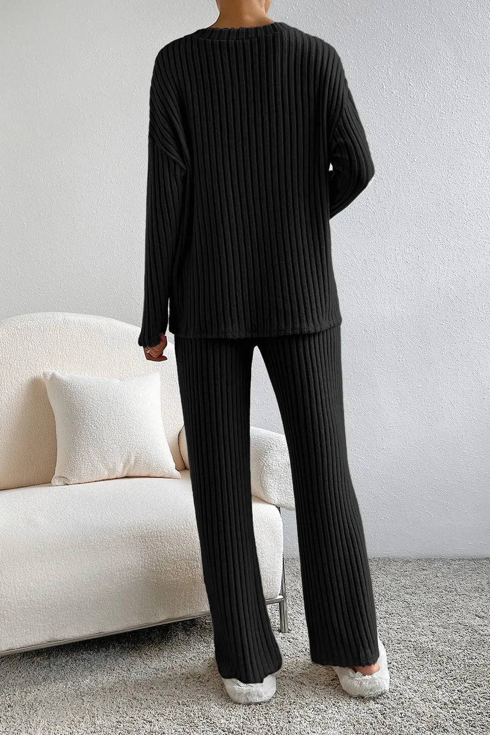 Ribbed V-Neck Top and Pants Lounge Set in Black for Women