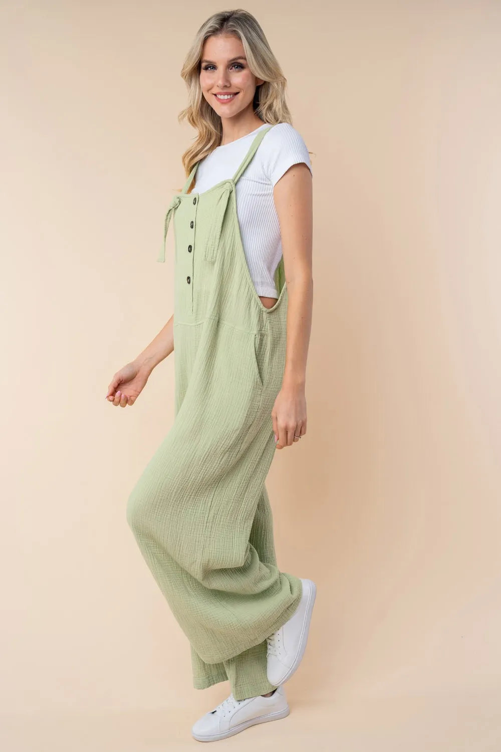 Texture Sleeveless Wide Leg Jumpsuit in Sage for Women