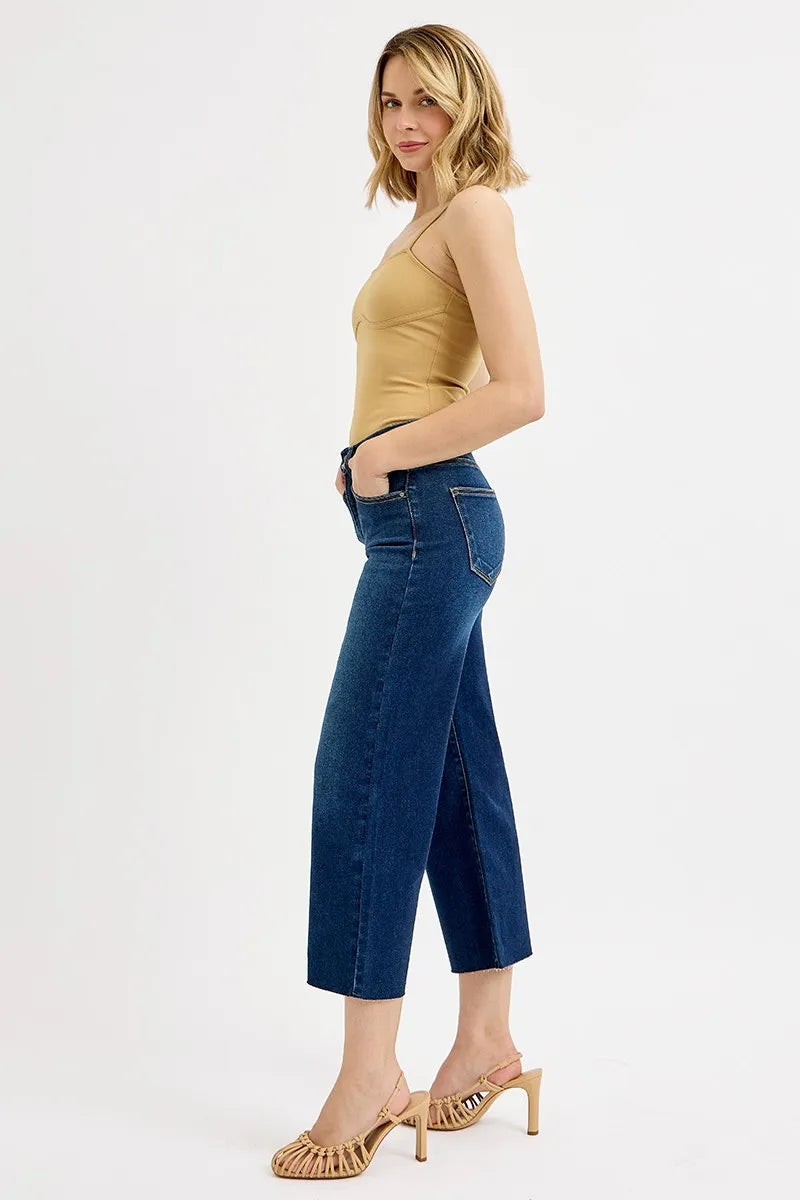 Tummy Control High Rise Crop Wide Jeans Plus Size in Dark for Women