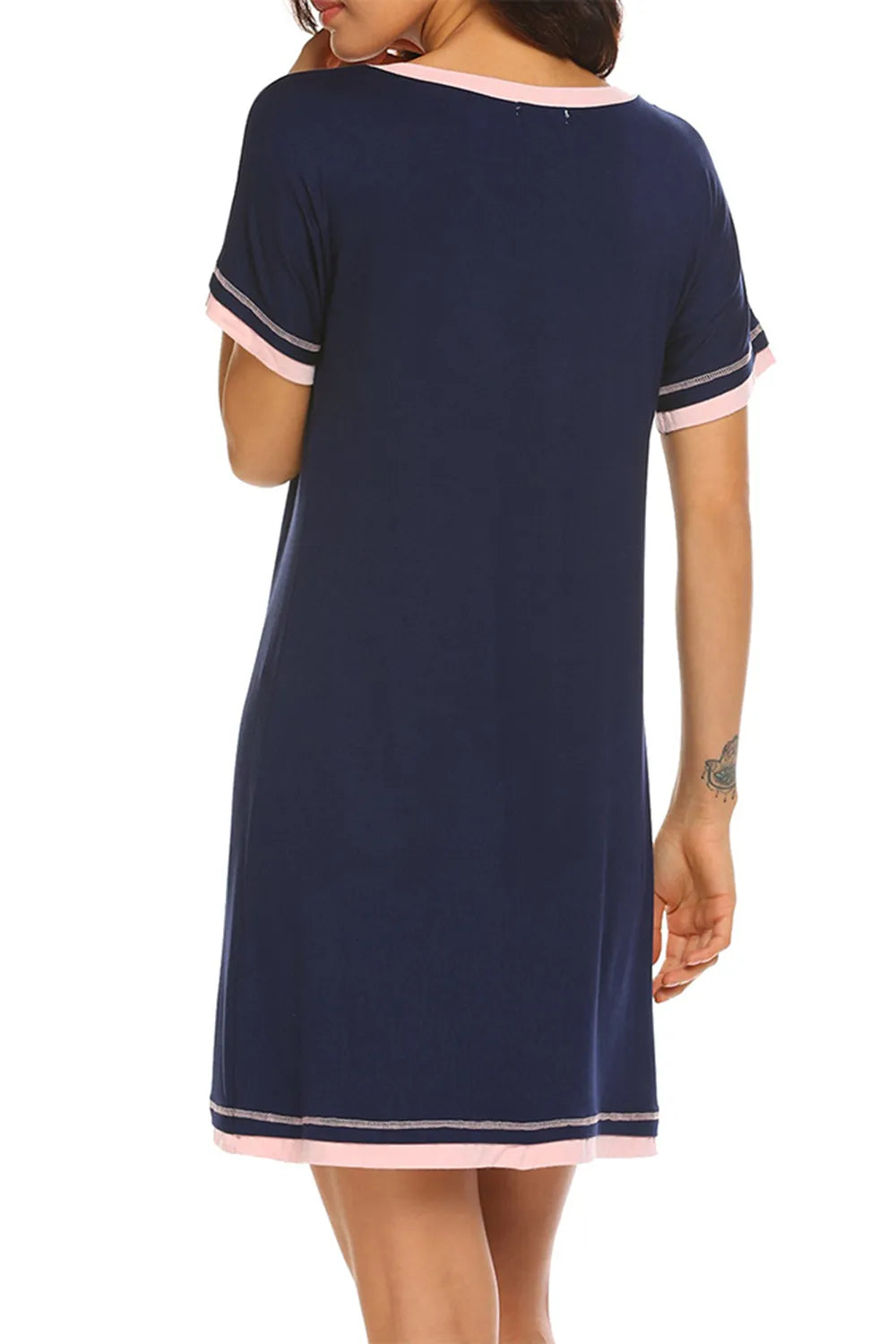 Contrast Trim Short Sleeve Lounge Dress in Dark Blue for Women