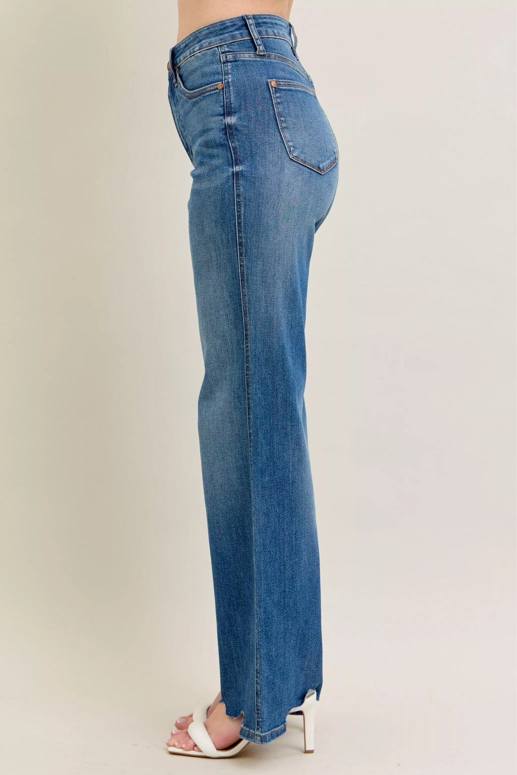 High Waist Tummy Control Chew Hem Destroy Wide Jeans Plus Size in Md for Women