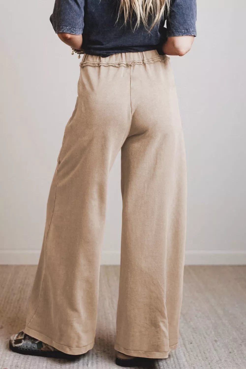 Mineral Wash Drawstring Retro High Waist Wide Leg Western Pants in Khaki for Women