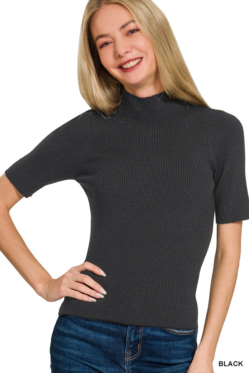 Viscose Ribbed Mock Neck Sweater in Black for Women