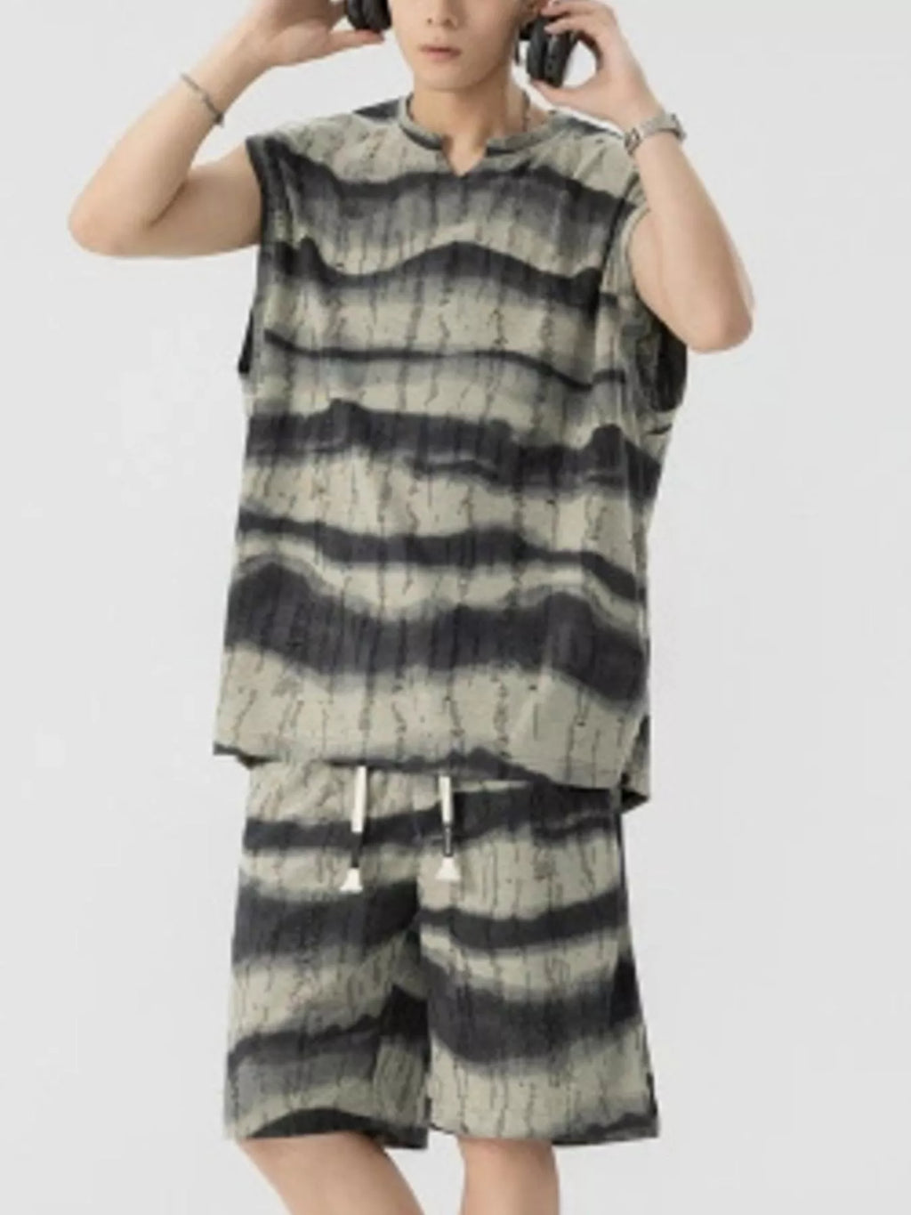 Plus Size Striped Tank and Shorts Set in Sage for Men