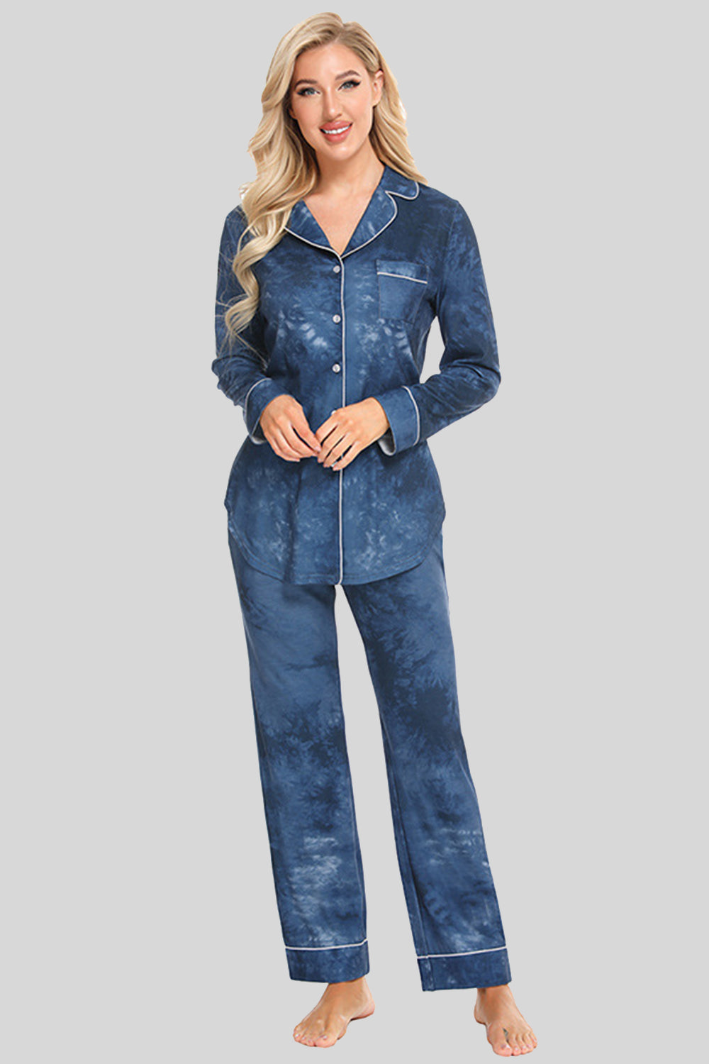Collared Neck Long Sleeve Loungewear Set with Pockets in Black for Women