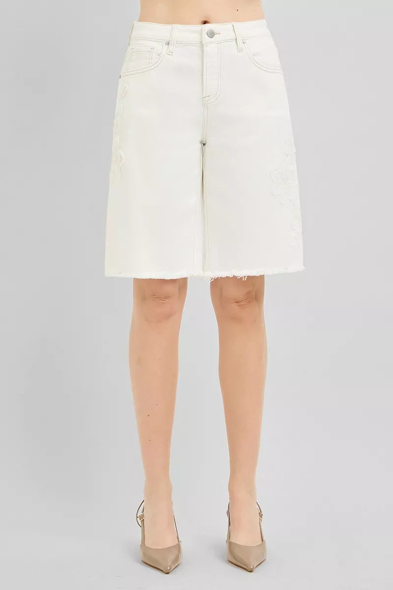 Slouchy Relaxed Floral Embroidered Bermuda Denim Shorts for Women