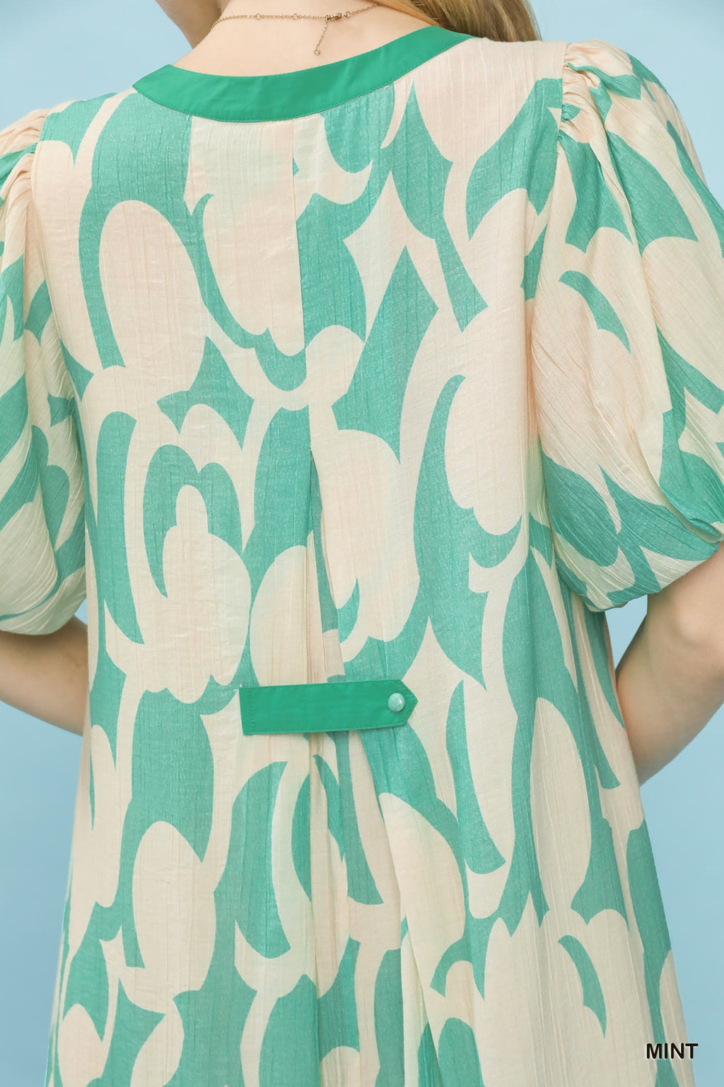 Abstract Print Puff Sleeve Shift Dress in Mint for Women