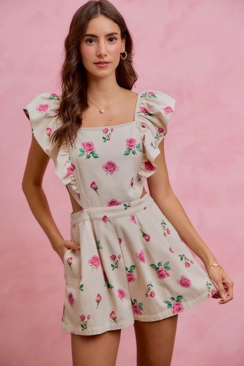 Floral Print Denim Cut Out Waist Ruffled Romper for Women