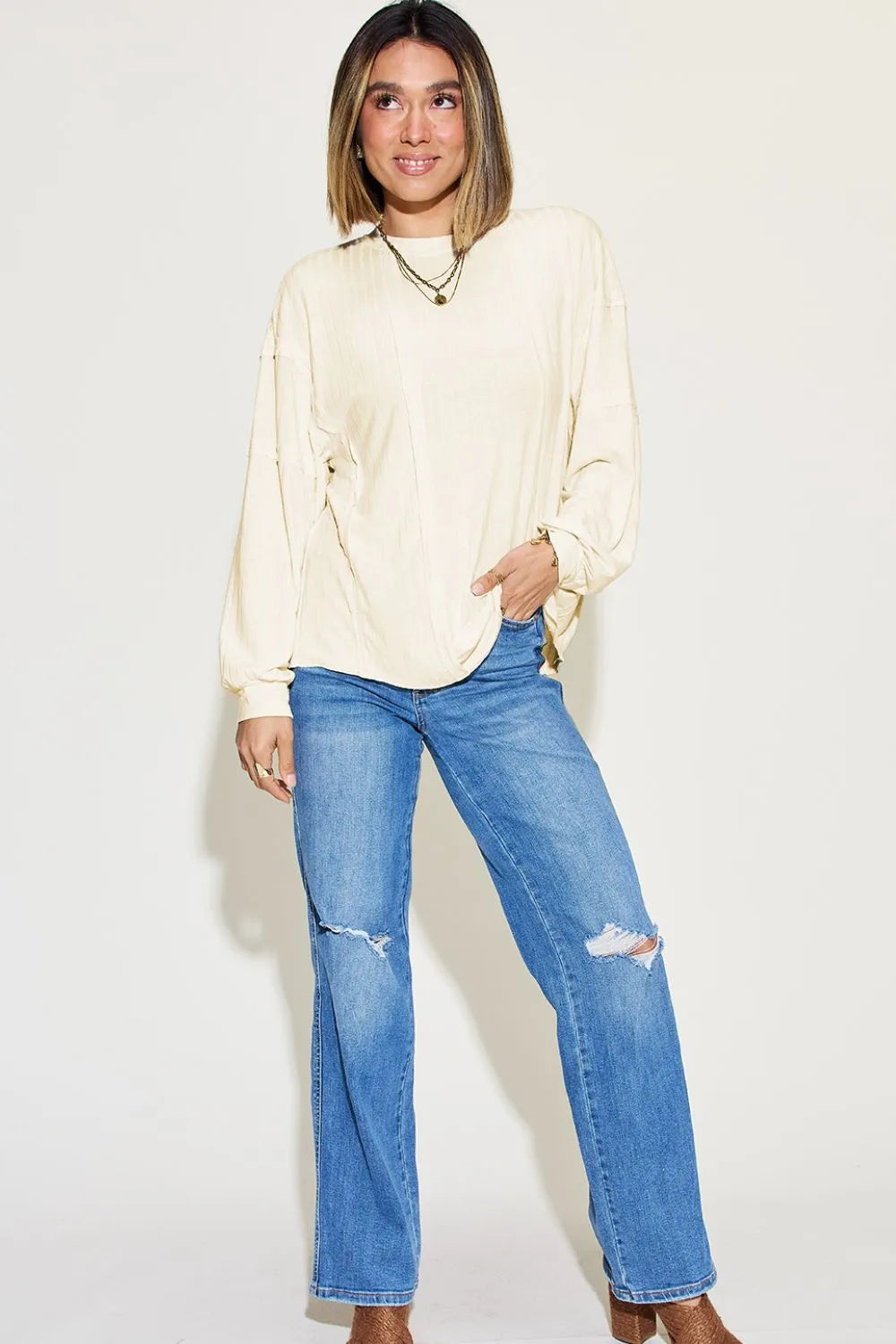 Plus Size Ribbed Round Neck Long Sleeve T-Shirt in Black for Women