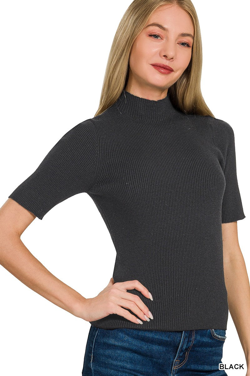 Viscose Ribbed Mock Neck Sweater in Black for Women