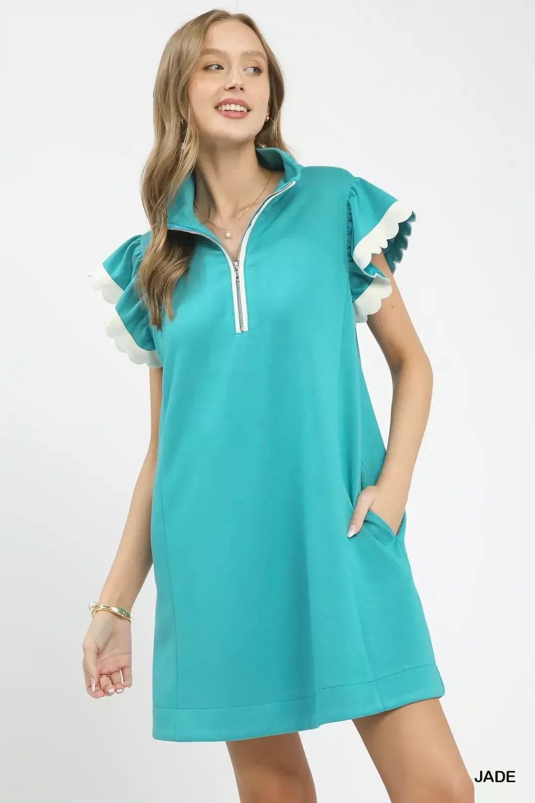 Zip-Neck Flutter Sleeve Dress in Jade for Women