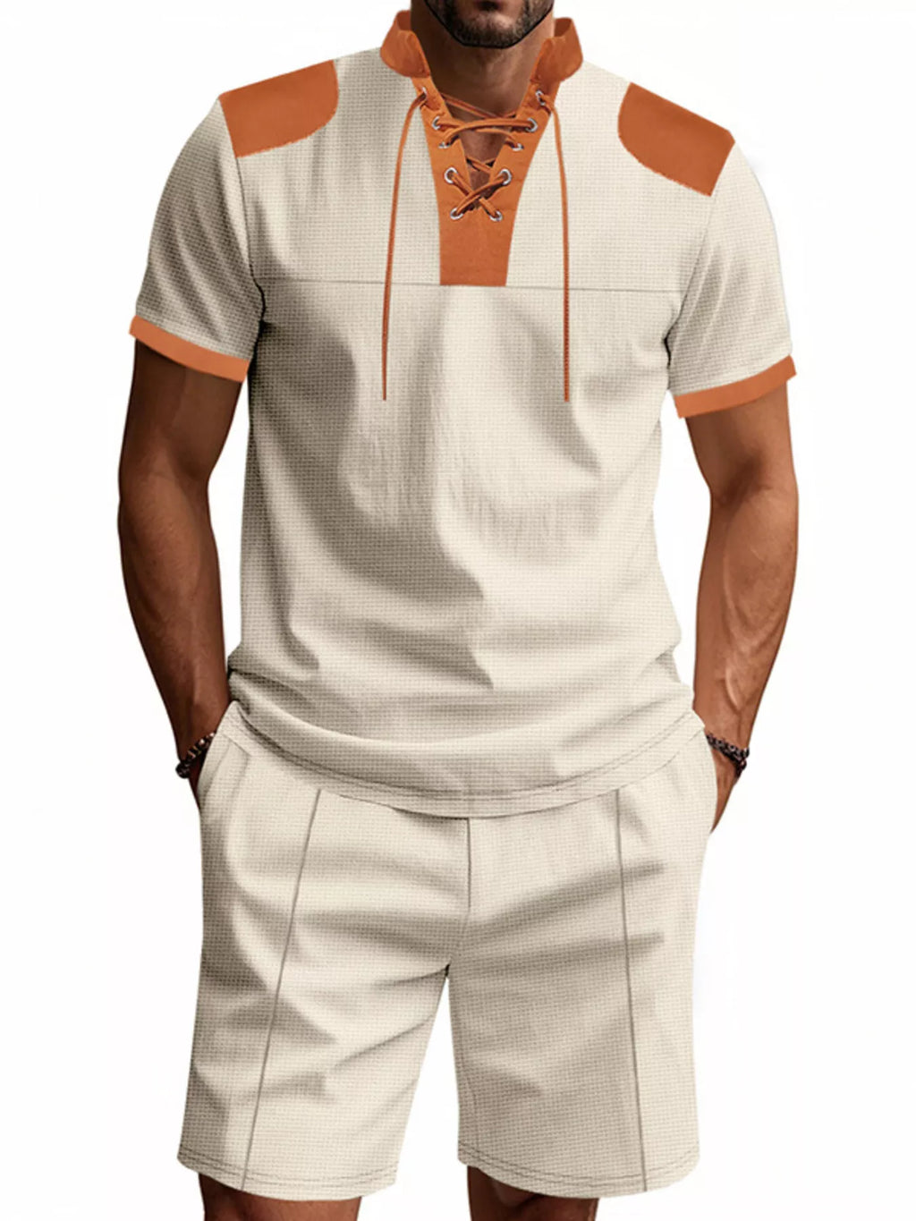 Lace-Up Collar Casual Top and Shorts Set Plus Size in Black for Men