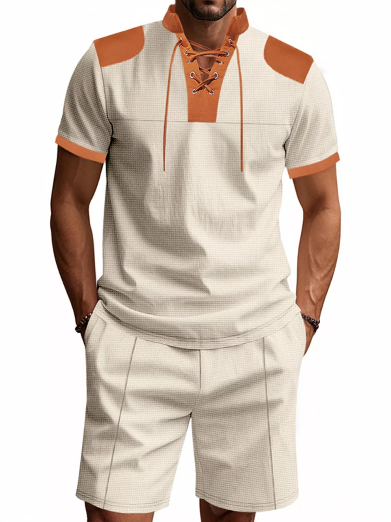 Lace-Up Collar Casual Top and Shorts Set Plus Size in Black for Men