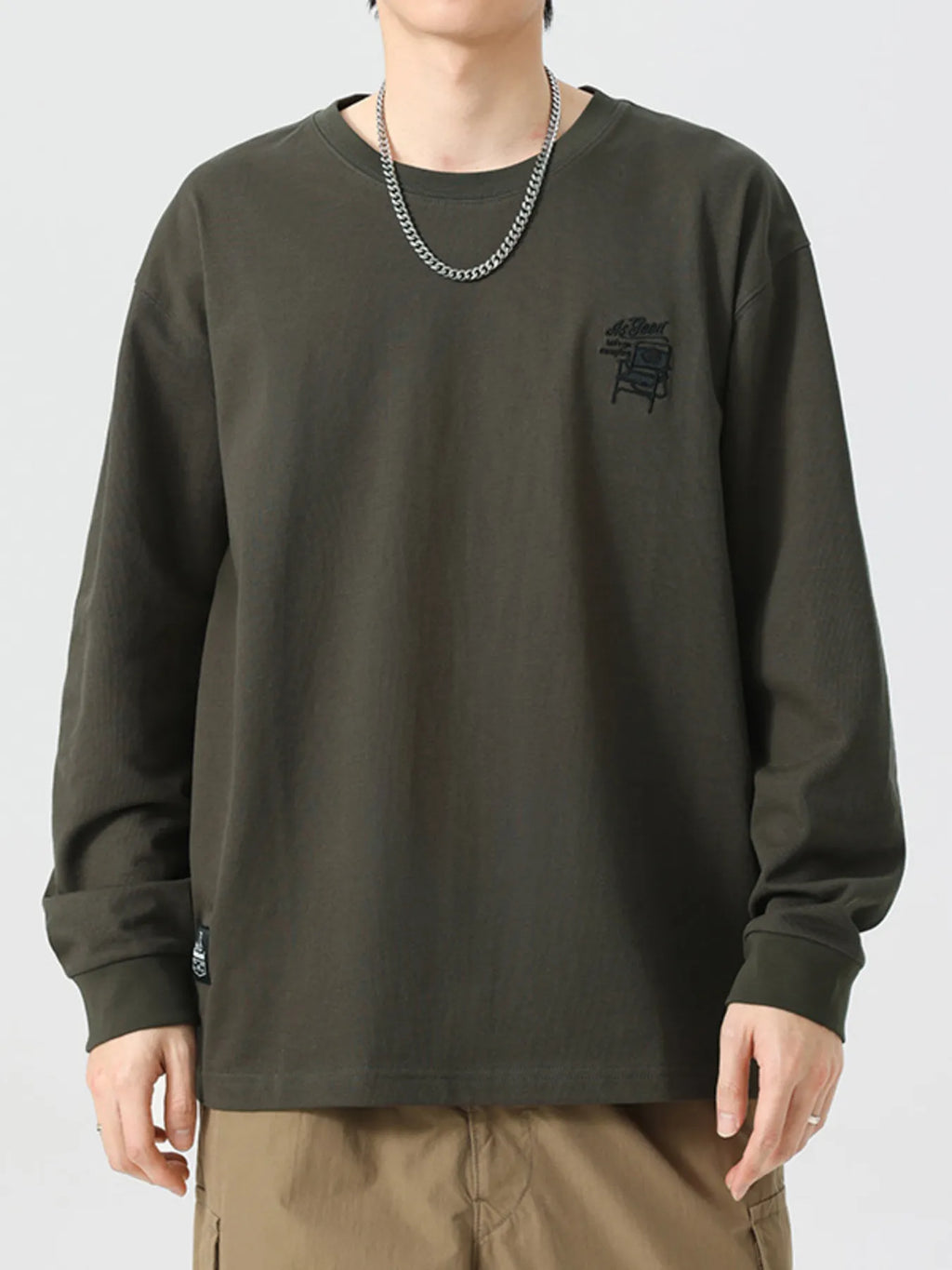 Plus Size Round Neck Long Sleeve T-Shirt in Military Green for Men