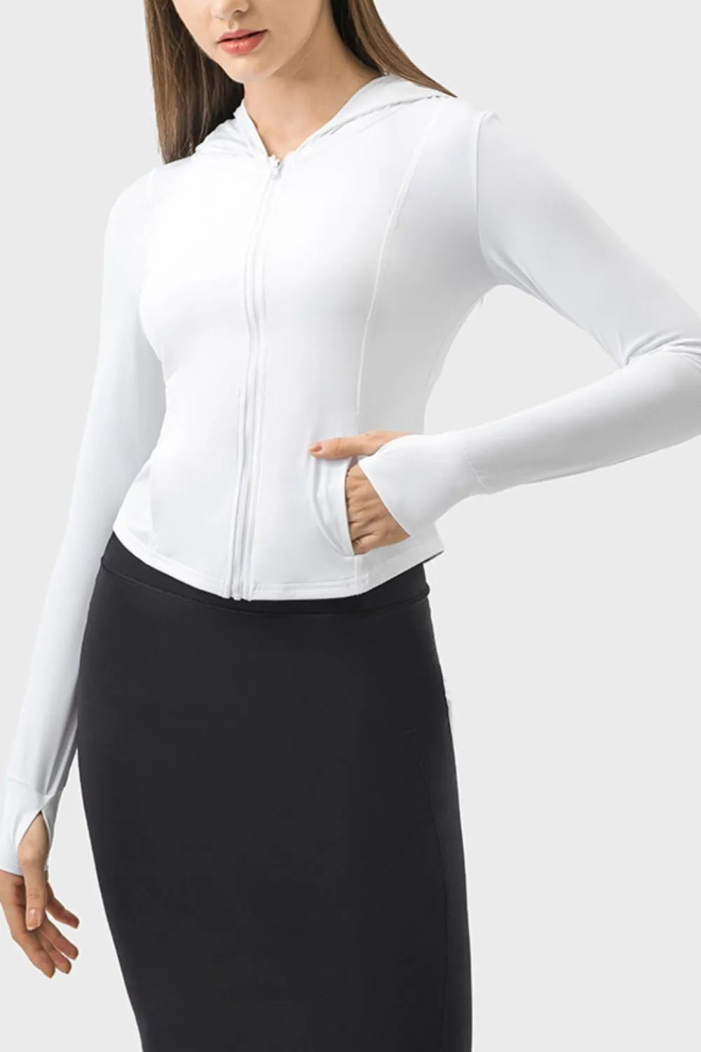Pocketed Zip Up Hooded Long Sleeve Active Outerwear in White for Women