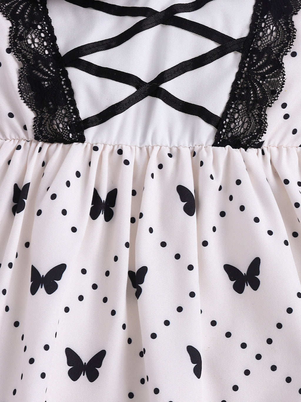 Butterfly Print Lace Trim Peter Pan Collar Dress in White for Girls